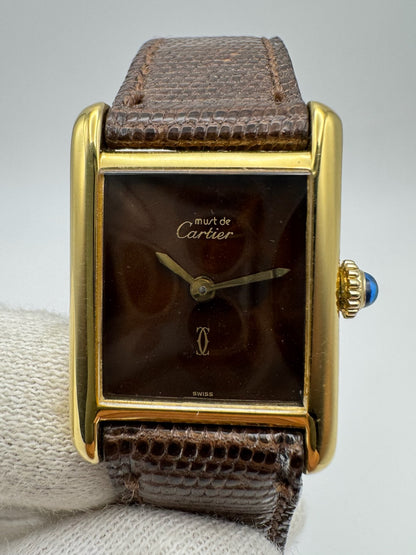 Cartier Tank Vermeil Gold Plated Manual Winding Burl Wood Dial