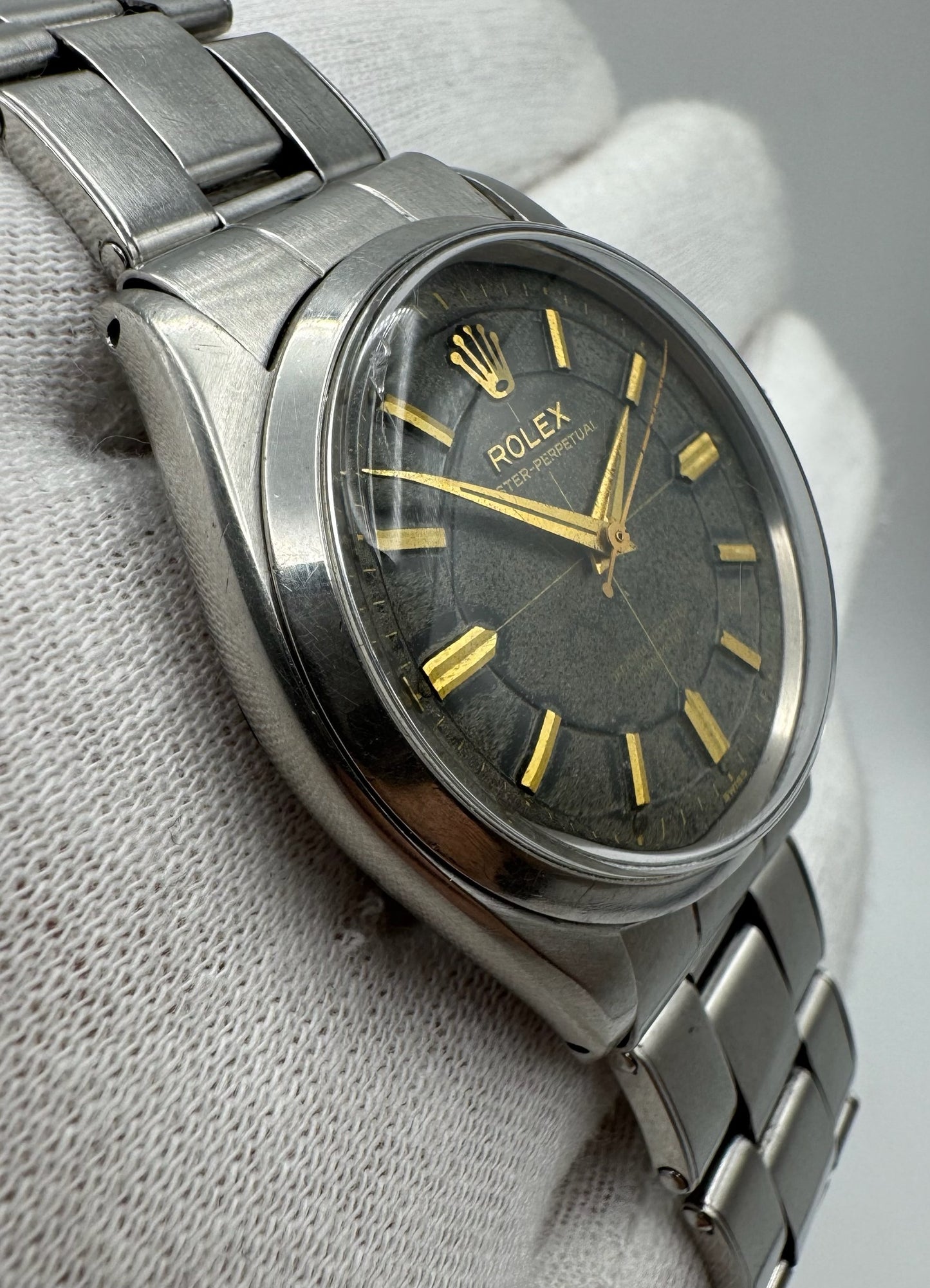 Rolex Oyster Perpetual 34 Full Steel Riveted Glossy Gilt Tropical Dial Gold Markers 1955