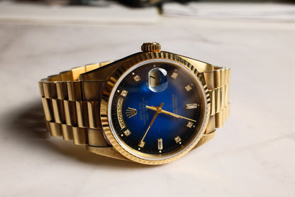 Rolex Day-Date 36 Full Gold OEM Blue Vignette Diamond Dial 1995 (Box & Service Papers/Unpolished)