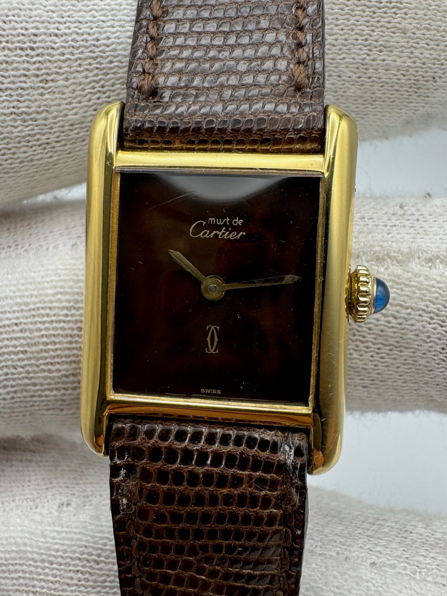 Cartier Tank Vermeil Gold Plated Manual Winding Burl Wood Dial