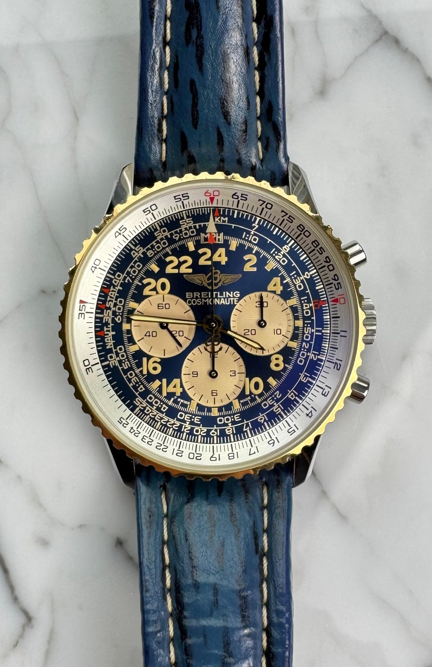Breitling Navitimer Cosmonaute Two Tone Blue Tritium Dial Yellow Patina (Box/Mint)