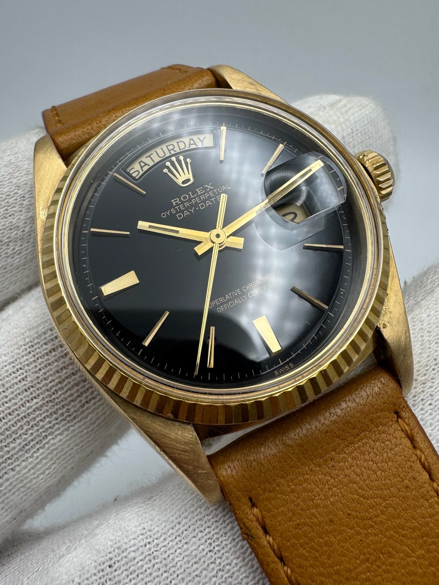 Rolex Day-Date 36 Yellow Gold 18K Head Black Glossy Swiss Only Door Stop Index 1974