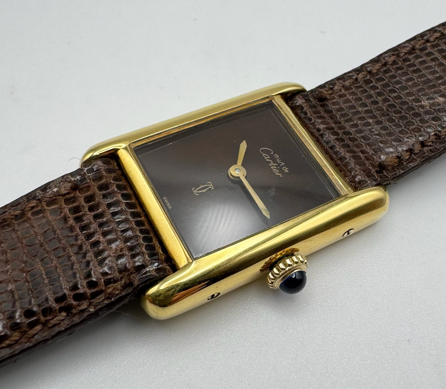 Cartier Tank Vermeil Gold Plated Manual Winding Burl Wood Dial
