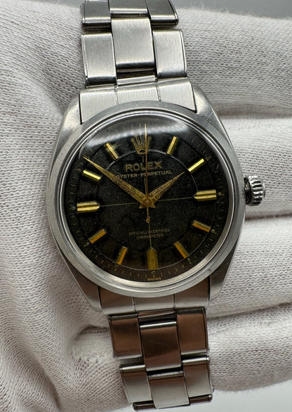 Rolex Oyster Perpetual 34 Full Steel Riveted Glossy Gilt Tropical Dial Gold Markers 1955