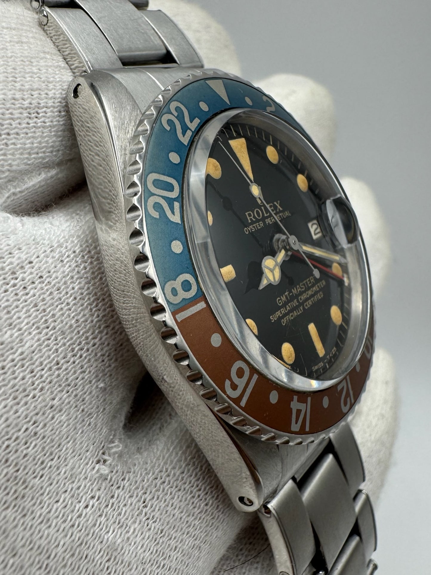 Rolex GMT-Master 1675 PCG Cornino Glossy Gilt Heavy Patina Zinc Sulfide Pepsi 1960 (Serviced)