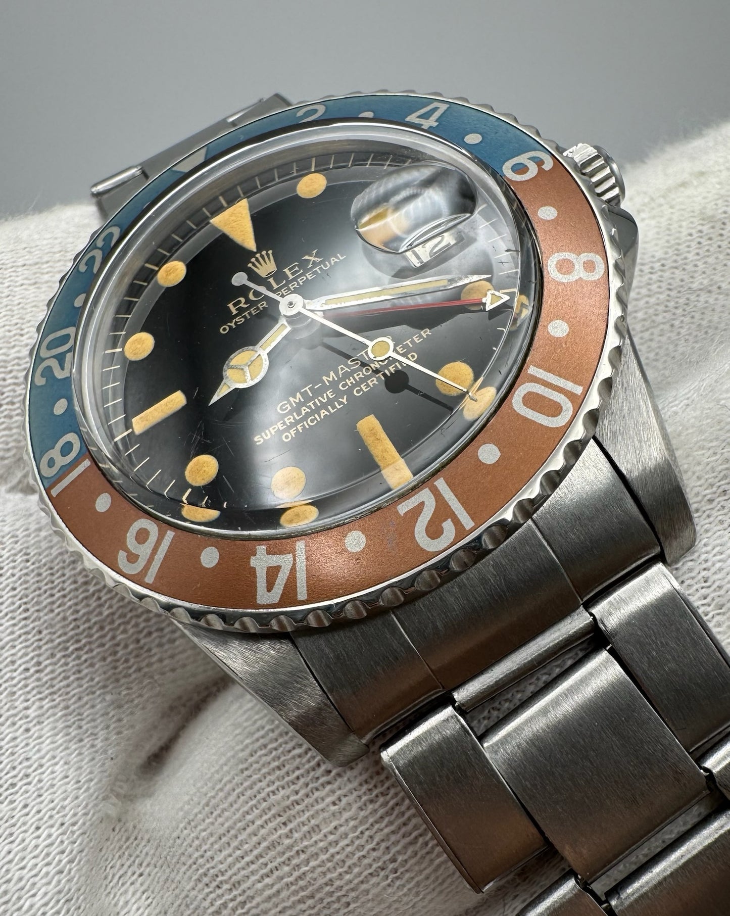 Rolex GMT-Master 1675 PCG Cornino Glossy Gilt Heavy Patina Zinc Sulfide Pepsi 1960 (Serviced)