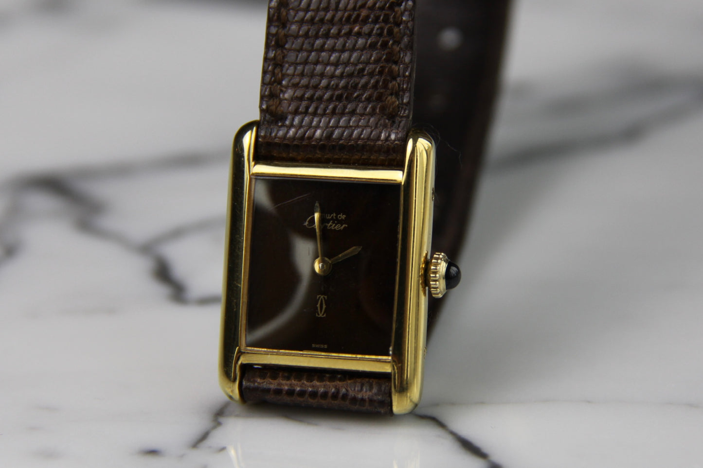 Cartier Tank Vermeil Gold Plated Manual Winding Burl Wood Dial
