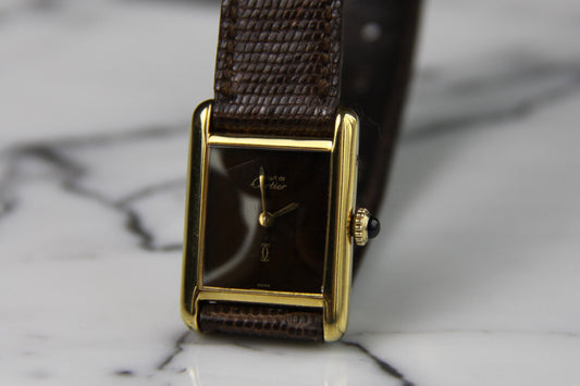 Cartier Tank Vermeil Gold Plated Manual Winding Burl Wood Dial