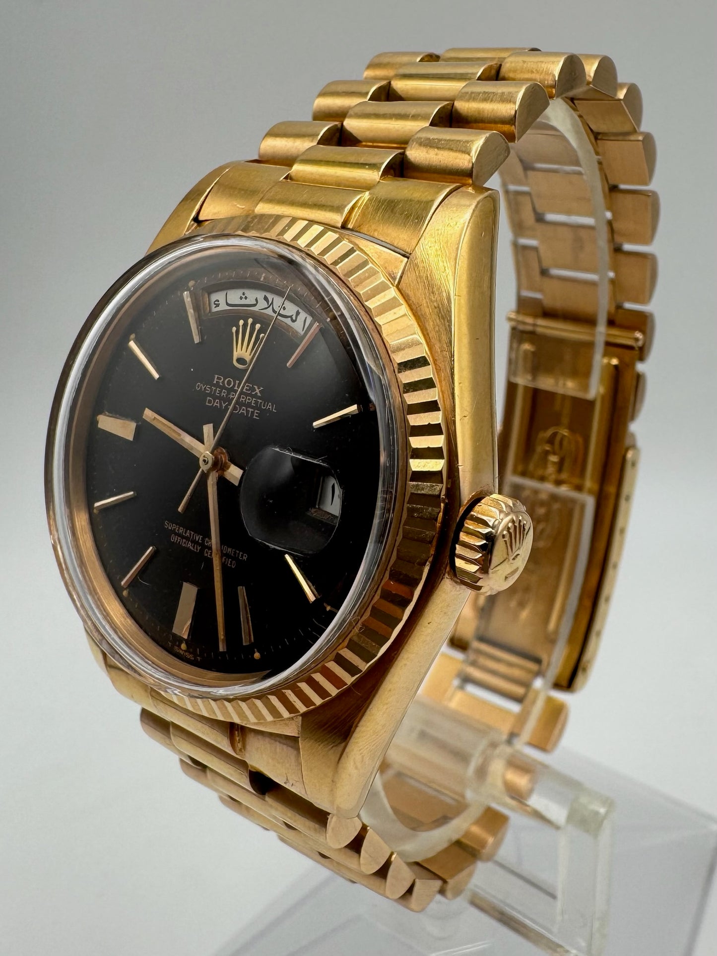 Rolex Day-Date 36 Full Rose Gold Ultra Rare Tropical Dial Arabic Disks 1973 (Unpolished/Serviced)