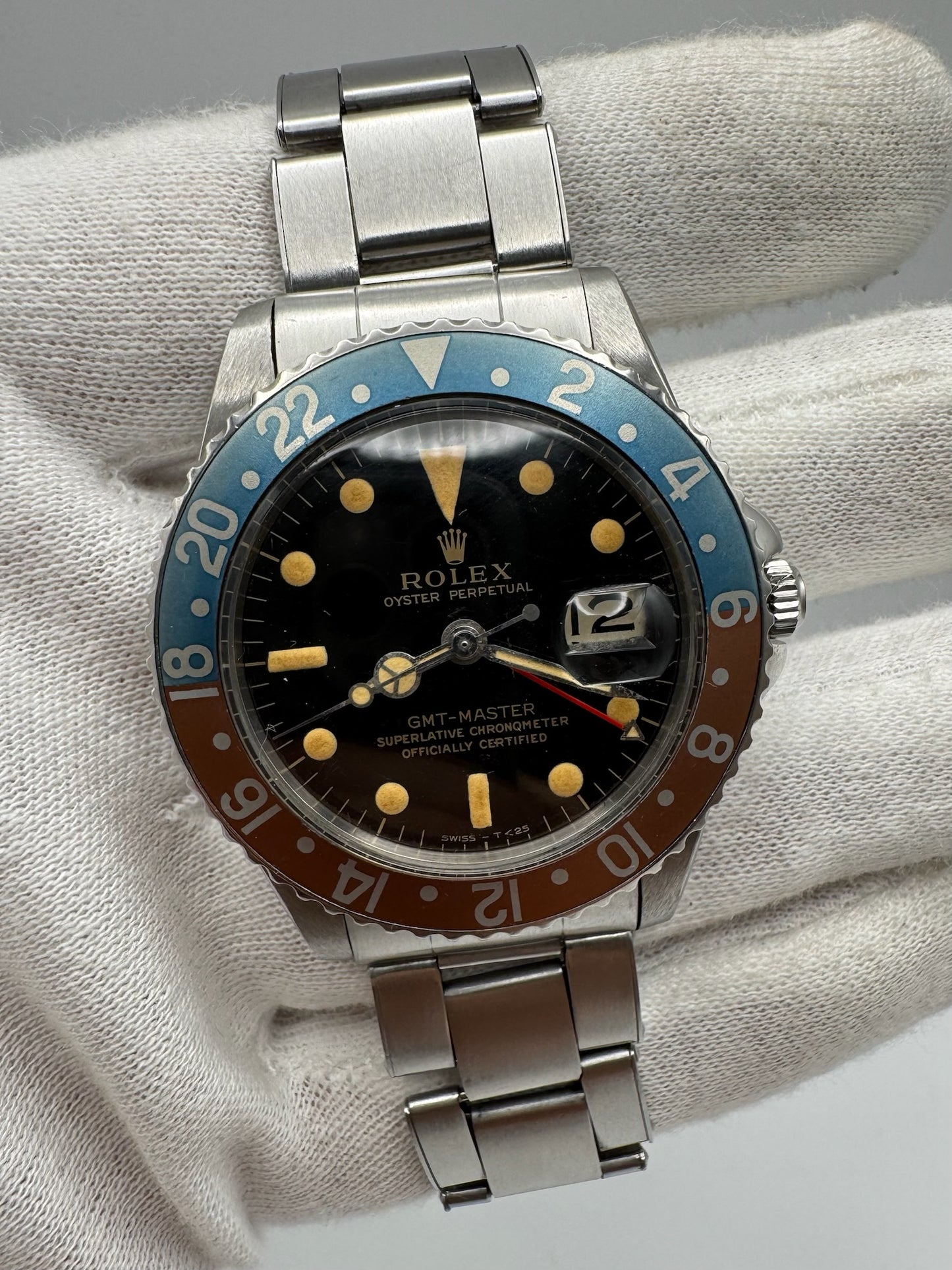Rolex GMT-Master 1675 PCG Cornino Glossy Gilt Heavy Patina Zinc Sulfide Pepsi 1960 (Serviced)