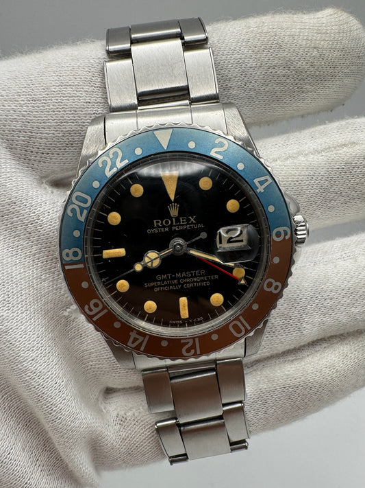 Rolex GMT-Master 1675 PCG Cornino Glossy Gilt Heavy Patina Zinc Sulfide Pepsi 1960 (Serviced)