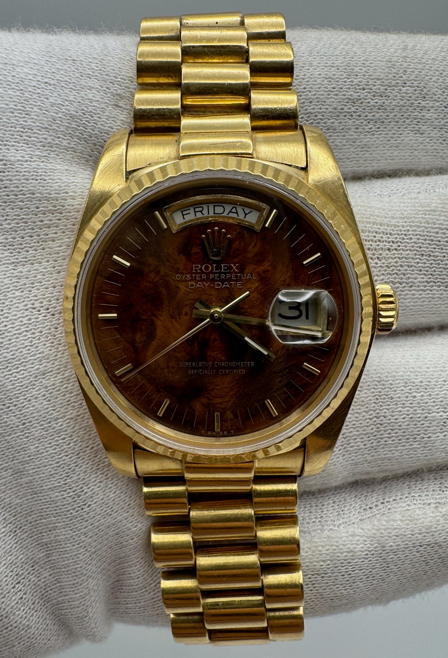 Rolex Day-Date 36 Yellow Gold Rare Wood Dial 1986 (Full-Set/Unpolished)