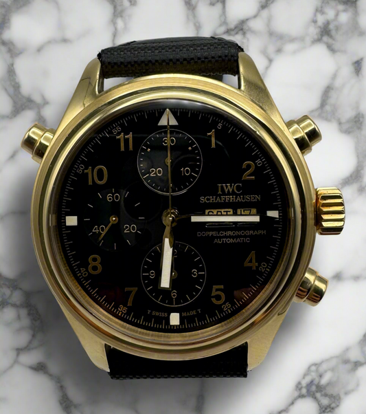 IWC Pilot Double Chronograph Doppelchronograph Pilot Yellow Gold Black Dial 1999 (Full-Set)