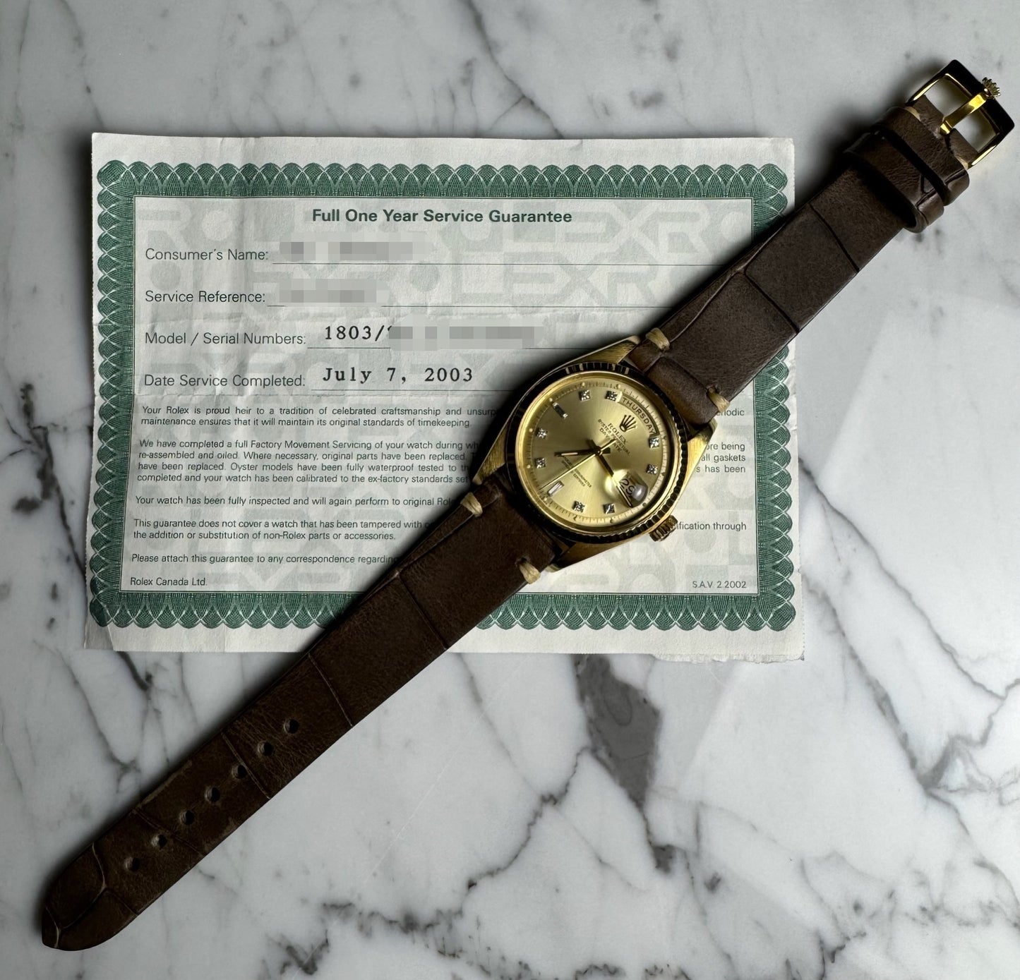 Rolex Day-Date 36 Yellow Gold Head 18K Factory Diamond Dial 1977 (Service Papers/Serviced)