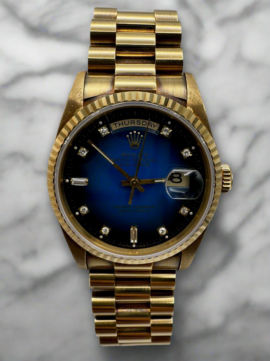 Rolex Day-Date 36 Full Gold OEM Blue Vignette Diamond Dial 1995 (Box & Service Papers/Unpolished)