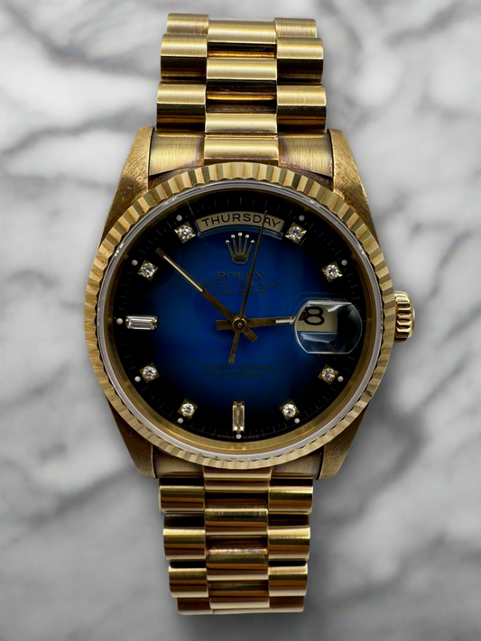 Rolex Day-Date 36 Full Gold OEM Blue Vignette Diamond Dial 1995 (Box & Service Papers/Unpolished)