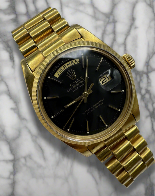 Rolex Day-Date 36 Full Gold Black Pie Pan Dial 1970 (Unpolished/Serviced)