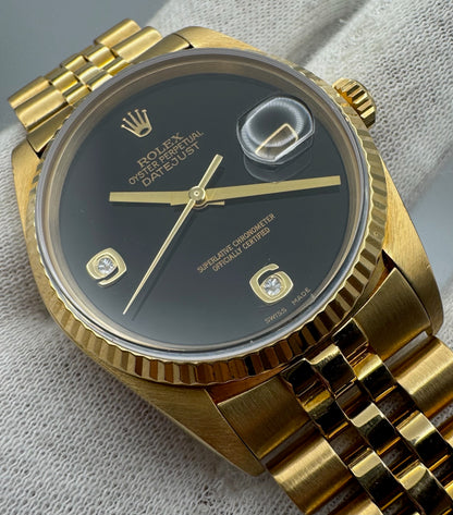 Rolex Datejust 36 Full Gold 18K OEM Factory Onyx Dial 1986 (Service Papers)