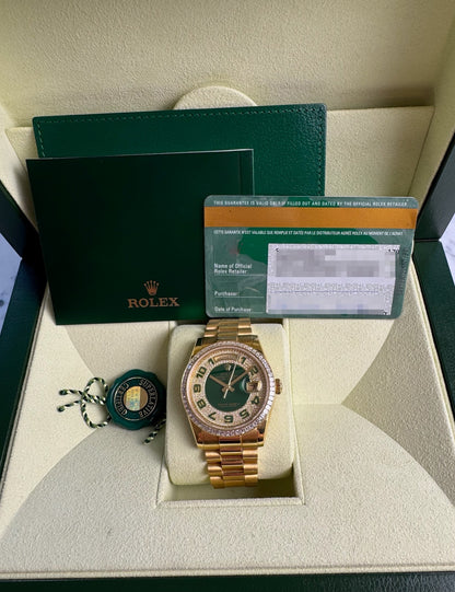 Rolex Day-Date 36 Extremely Rare Green Enamel Dial Factory Diamonds Baguette Bezel 2016 (Full-Set/Unpolished)