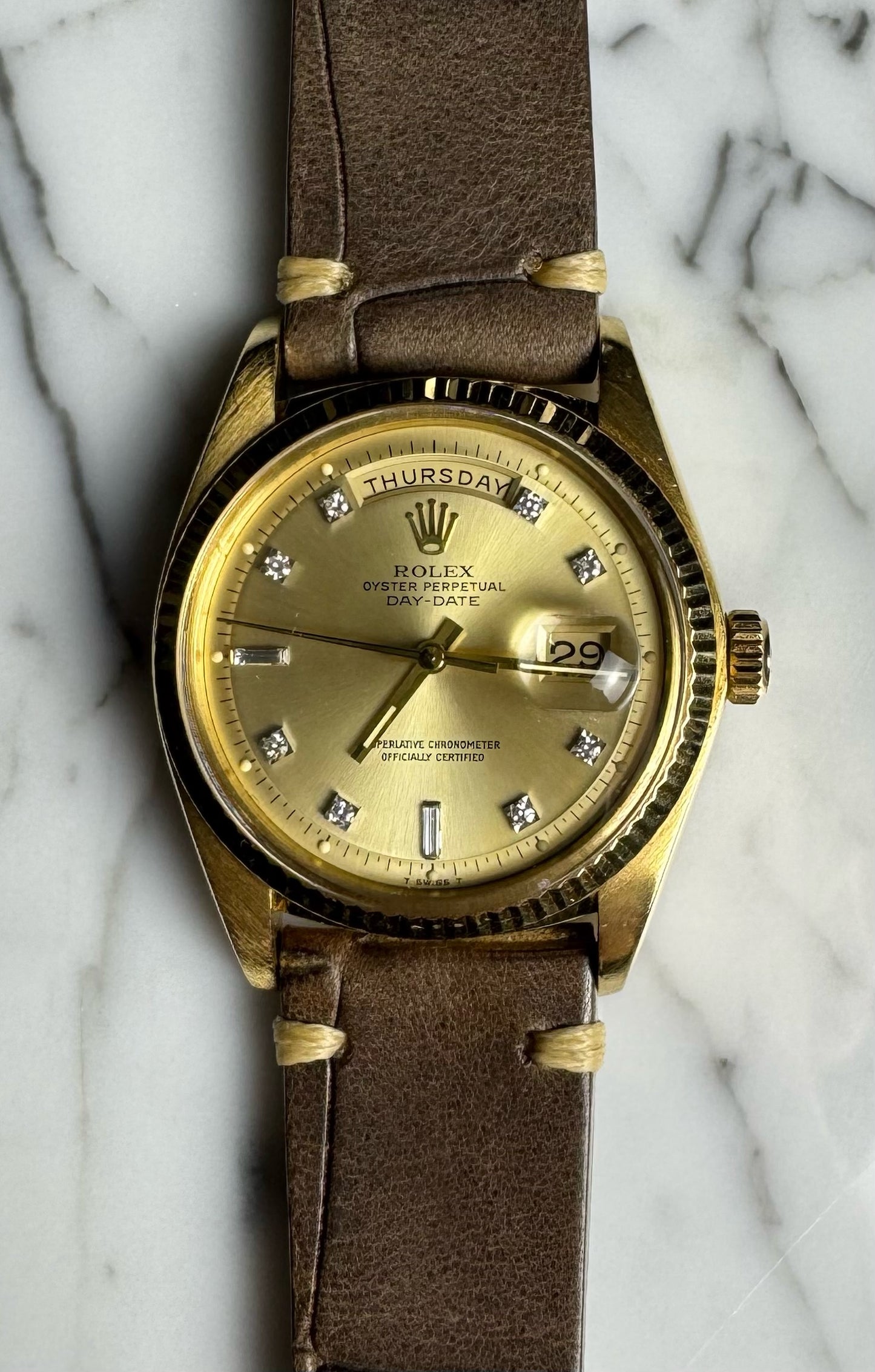 Rolex Day-Date 36 Yellow Gold Head 18K Factory Diamond Dial 1977 (Service Papers/Serviced)