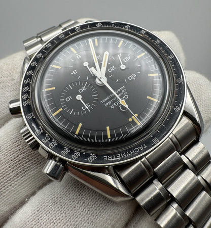 Omega Speedmaster Professional Moonwatch Full Steel Yellow Patina Step Dial Ghost Bezel (Serviced)