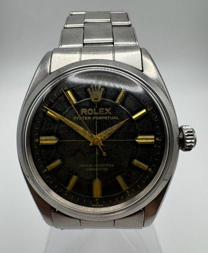 Rolex Oyster Perpetual 34 Full Steel Riveted Glossy Gilt Tropical Dial Gold Markers 1955