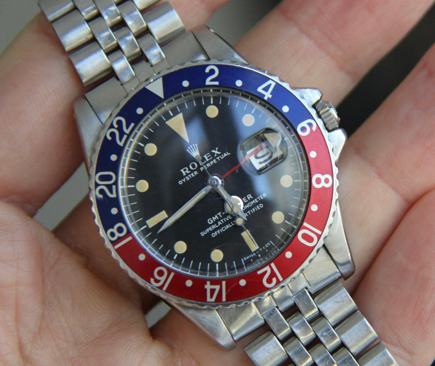 Rolex GMT-Master 1675 MK1 Long E Pepsi Insert Zinc Sulfide Yellow Patina Lume 1968