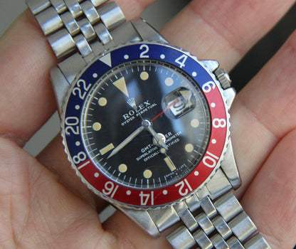 Rolex GMT-Master 1675 MK1 Long E Pepsi Insert Zinc Sulfide Yellow Patina Lume 1968