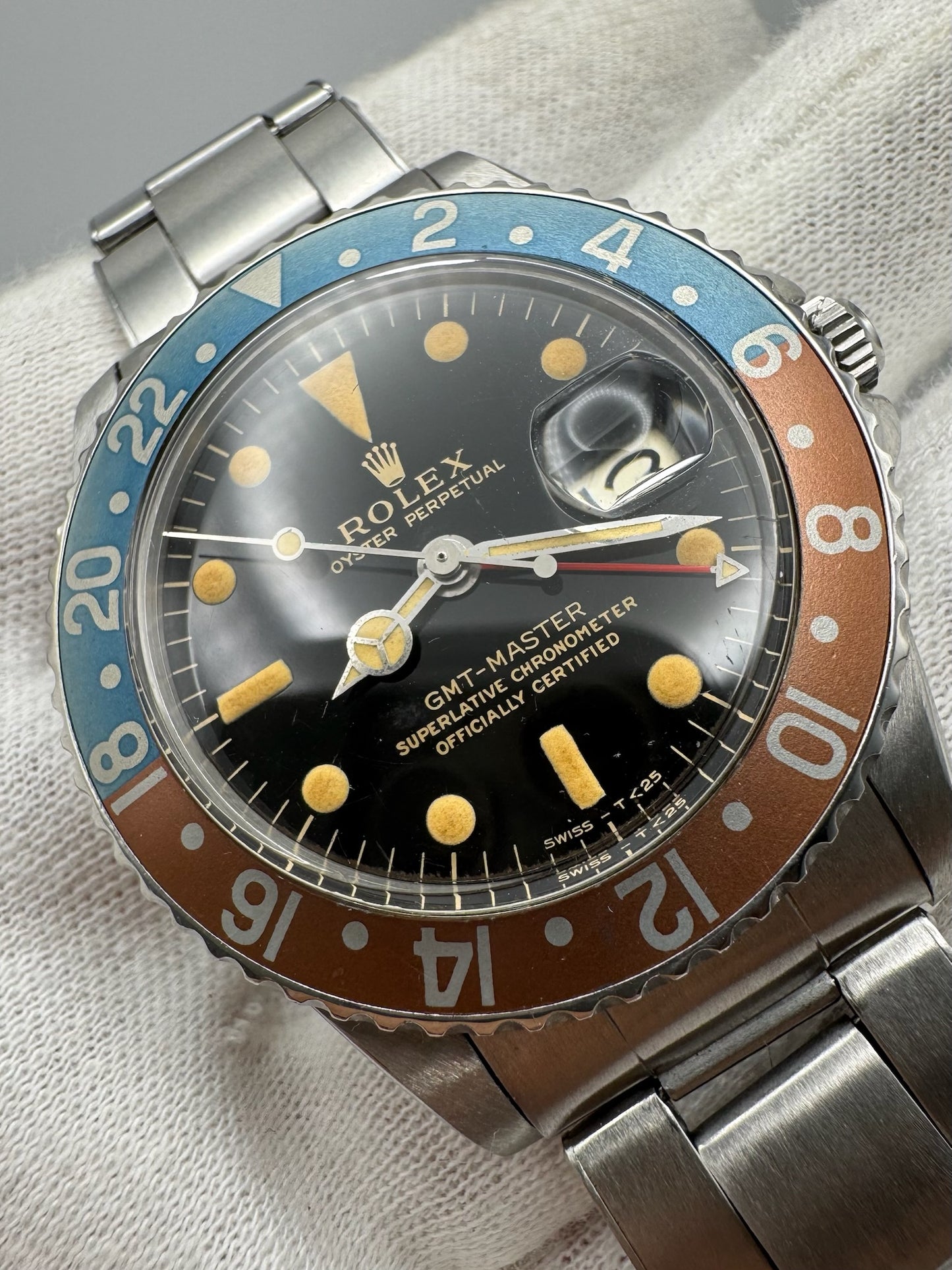 Rolex GMT-Master 1675 PCG Cornino Glossy Gilt Heavy Patina Zinc Sulfide Pepsi 1960 (Serviced)