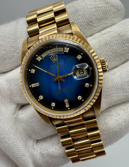 Rolex Day-Date 36 Full Gold OEM Blue Vignette Diamond Dial 1995 (Box & Service Papers/Unpolished)
