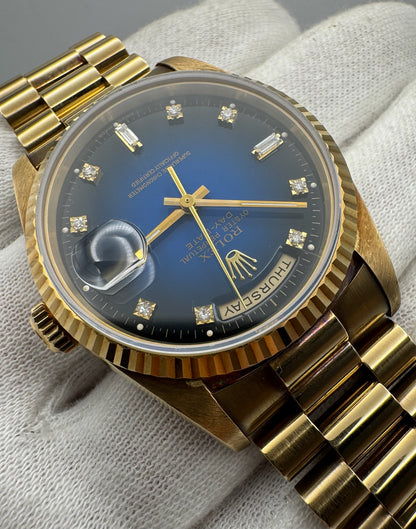 Rolex Day-Date 36 Full Gold OEM Blue Vignette Diamond Dial 1995 (Box & Service Papers/Unpolished)