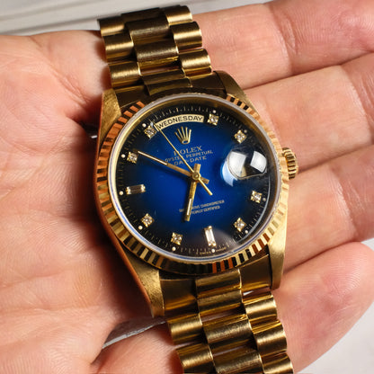 Rolex Day-Date 36 Full Gold OEM Blue Vignette Diamond Dial 1995 (Box & Service Papers/Unpolished)