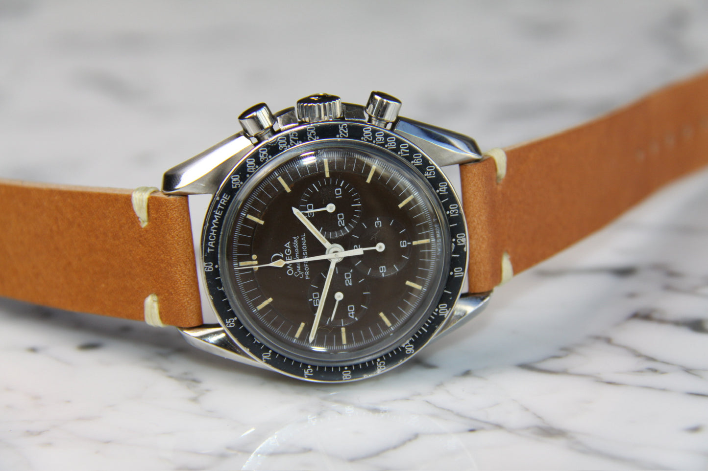 Omega Speedmaster Professional Moonwatch Tropical Brown Dial Heavy Patina Blue Insert 1969 (Serviced)