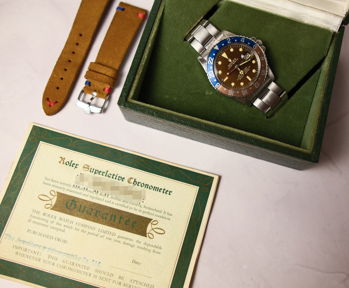 Rolex GMT-Master 1675 Glossy Gilt Tropical Dial Extremely Rare B+P 1966 (Full-Set/Serviced)