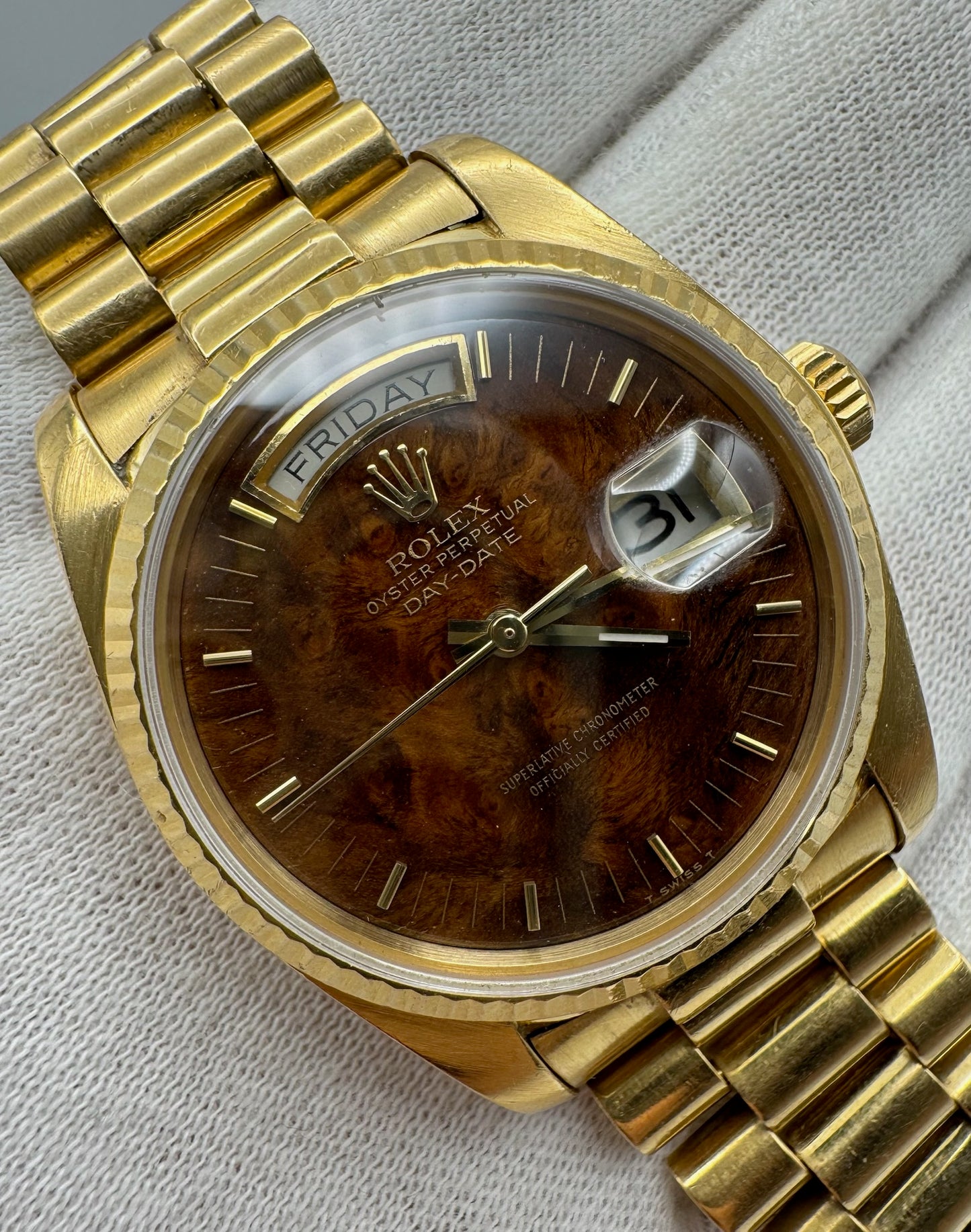Rolex Day-Date 36 Yellow Gold Rare Wood Dial 1986 (Full-Set/Unpolished)