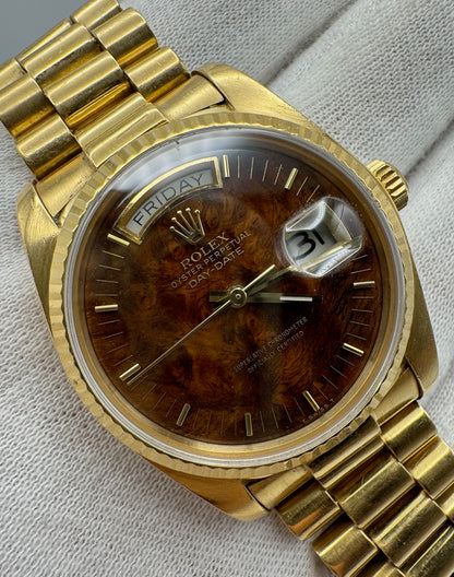 Rolex Day-Date 36 Yellow Gold Rare Wood Dial 1986 (Full-Set/Unpolished)