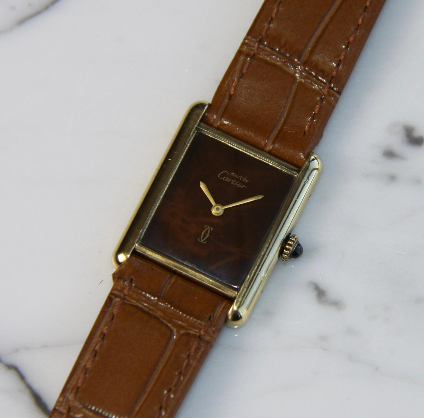 Cartier Tank Vermeil Gold Plated Wood Dial Manual Winding 1990 (Unpolished)
