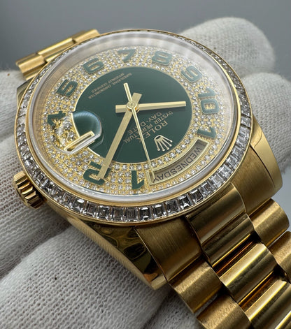 Rolex Day-Date 36 Extremely Rare Green Enamel Dial Factory Diamonds Baguette Bezel 2016 (Full-Set/Unpolished)