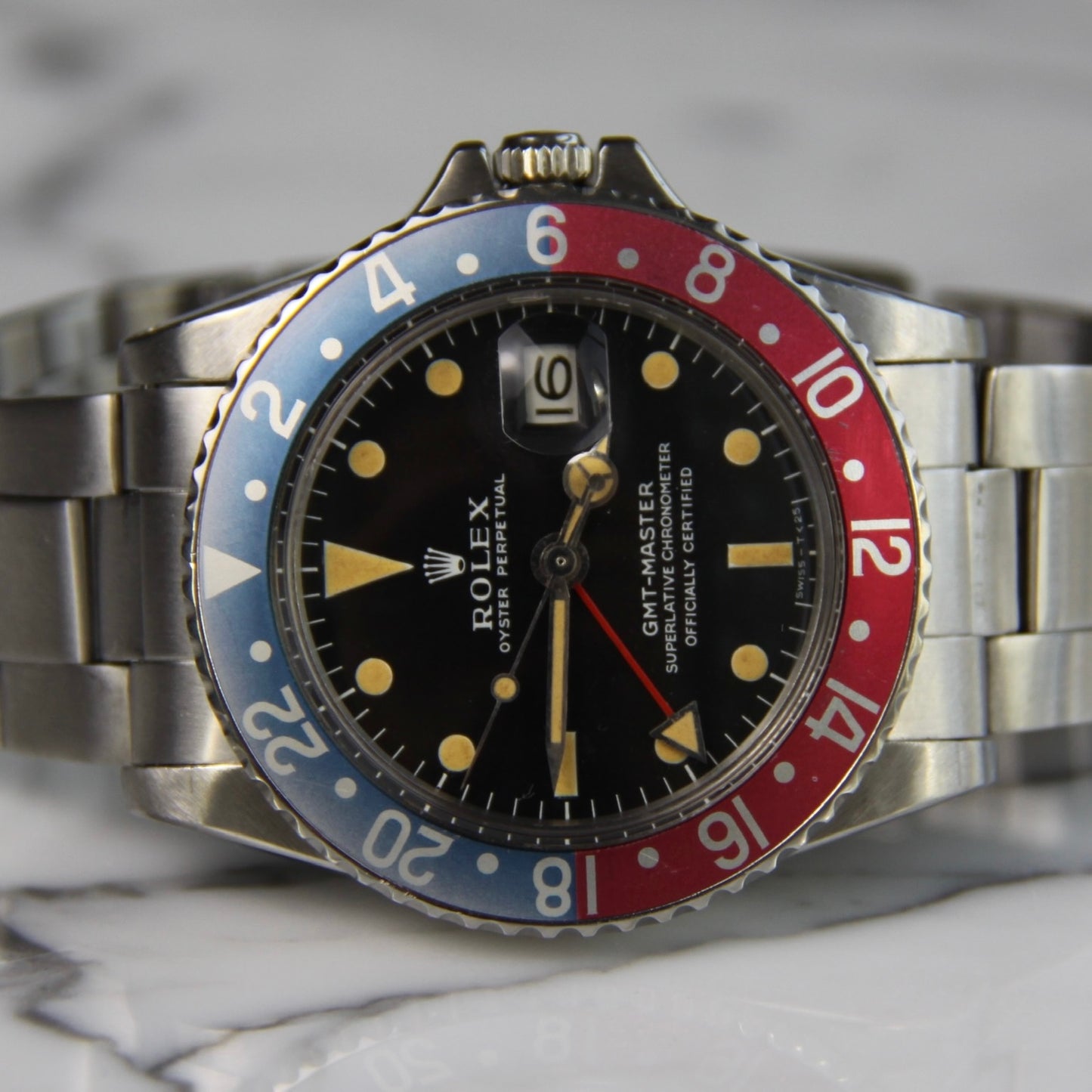 Rolex GMT-Master 1675 MK1 Long E Full Steel Faded Bezel Red Back Insert Heavy Patina Zinc Sulfide 1967 (Serviced)