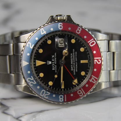 Rolex GMT-Master 1675 MK1 Long E Full Steel Faded Bezel Red Back Insert Heavy Patina Zinc Sulfide 1967 (Serviced)