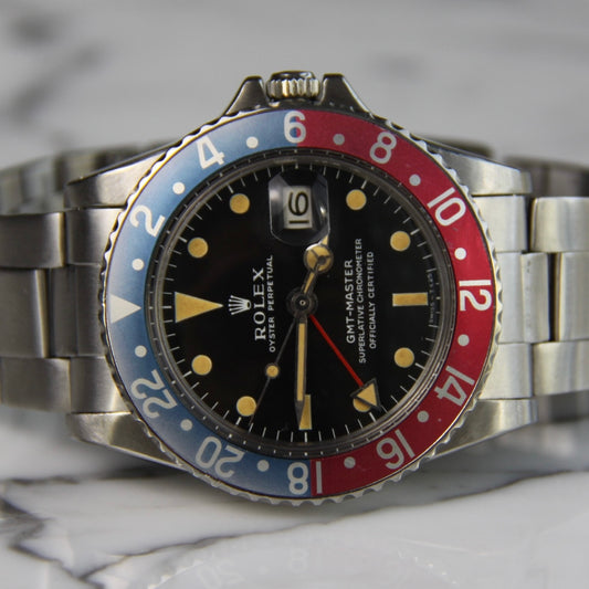 Rolex GMT-Master 1675 MK1 Long E Full Steel Faded Bezel Red Back Insert Heavy Patina Zinc Sulfide 1967 (Serviced)