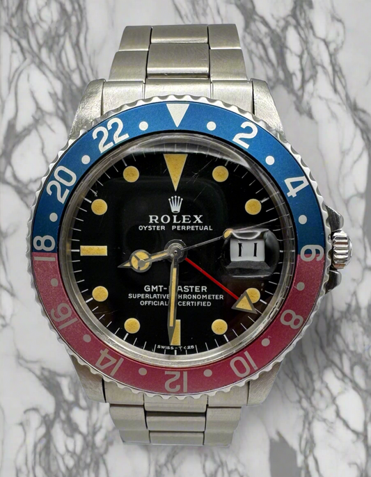 Rolex GMT-Master 1675 MK2 Yellow Patina Faded Red Back Pepsi Bezel 1972 (Unpolished/Serviced)