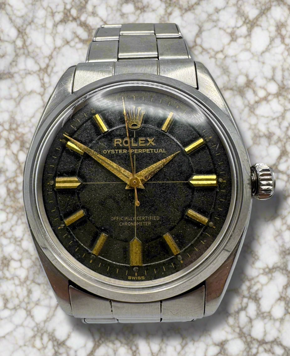 Rolex Oyster Perpetual 34 Full Steel Riveted Glossy Gilt Tropical Dial Gold Markers 1955