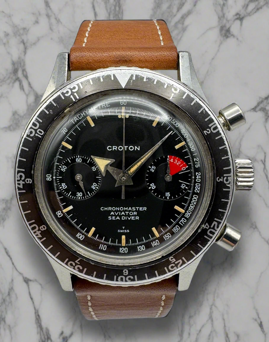 Croton Aviator Sea Diver Chronograph Manual Winding Yellow Patina Broad Arrow Hands Faded Bezel 1960s (Unpolished)
