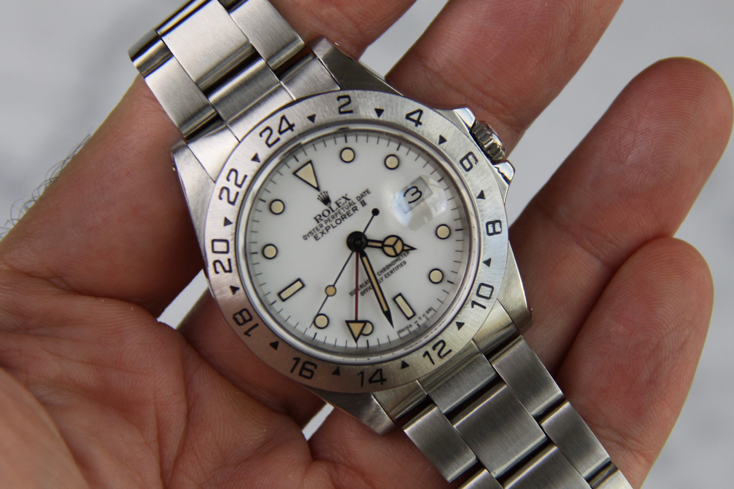 Rolex Explorer II Polar “Chicchi Di Mais” Full Steel 1990 Porcelain Dial Yellow Patina (Serviced)