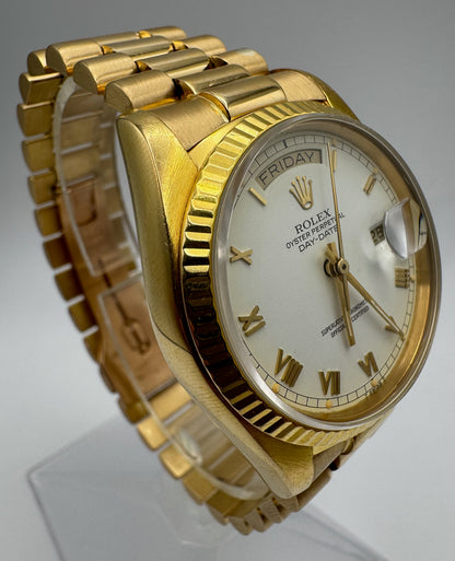 Rolex Day-Date 36 Full Yellow Gold White Cream Dial Roman Numerals 1985 (Serviced)