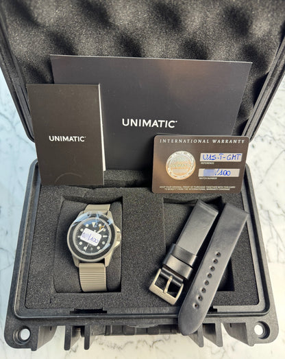 Unimatic Modello Uno GMT Blasted Titanium Swiss Movement Ltd Edition 100pcs 2022 (Full-Set/Mint)