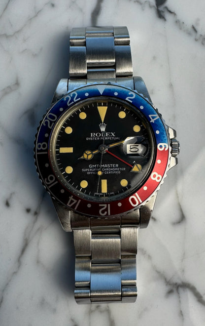Rolex GMT-Master 16750 Pepsi Matte Dial Yellow Patina 1980 (Full-Set/Unpolished)