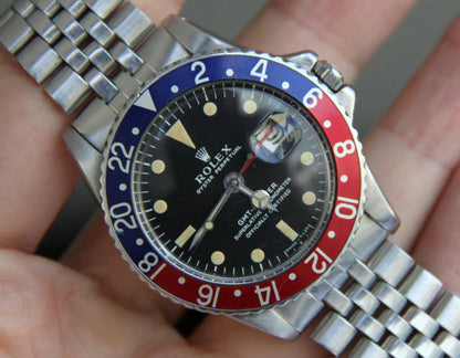 Rolex GMT-Master 1675 MK1 Long E Pepsi Insert Zinc Sulfide Yellow Patina Lume 1968
