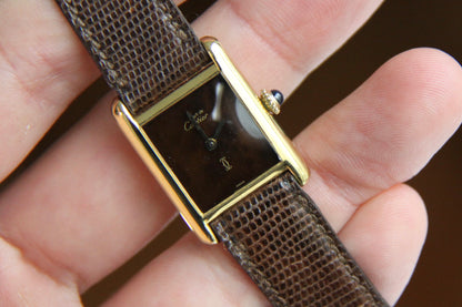 Cartier Tank Vermeil Gold Plated Manual Winding Burl Wood Dial
